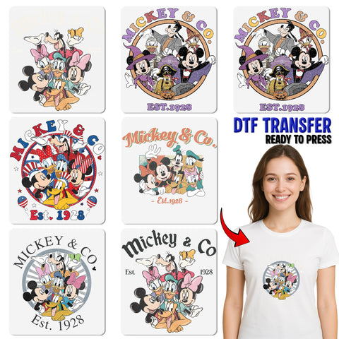 Nostalgic Classic Cartoon DTF Transfer for Family Apparel - Retro Animation Tee with Mickey & Co. Design - Ready To Press Iron-On for Fans