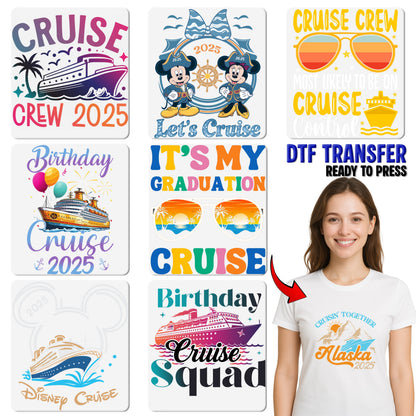 Birthday Cruise Party DTF Transfer for Family & Friends | Vibrant Cruise Ship, Palm Trees, Fireworks, & Balloons Iron-On Design