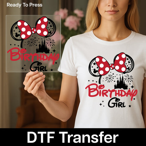 Cute Birthday DTF Transfer for Family T-shirt with Disney-Inspired Red & White Polka Dot Bow