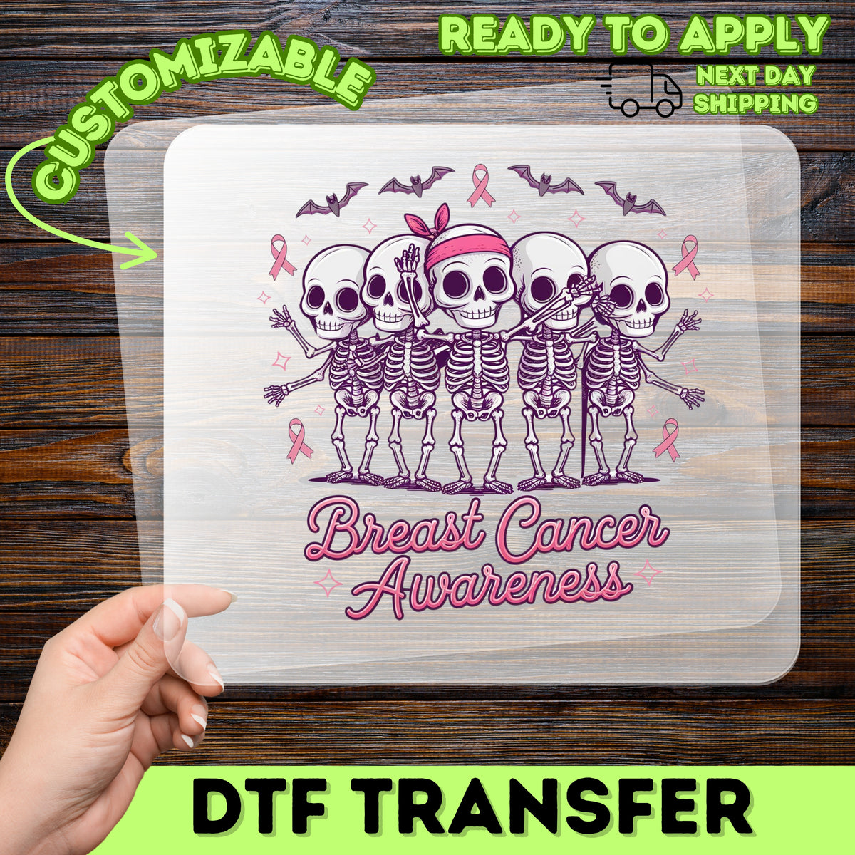 Cute Ready To Press Halloween & Breast Cancer Awareness DTF Transfer for T-shirts - Pink Skeletons & Ribbons