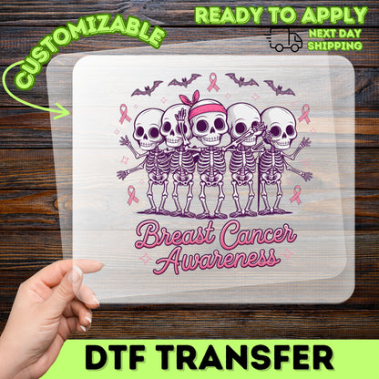 Cute Ready To Press Halloween & Breast Cancer Awareness DTF Transfer for T-shirts - Pink Skeletons & Ribbons