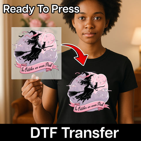 Cute In October We Wear Pink Halloween Witch DTF Transfer for Breast Cancer Awareness T-Shirt & Apparel