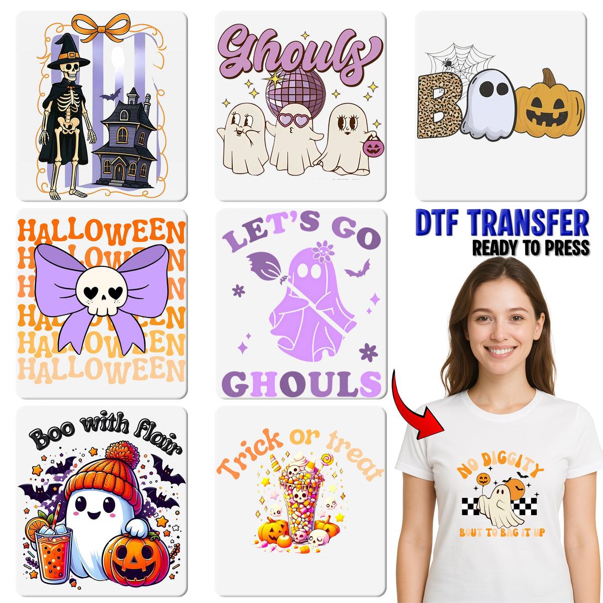 Cute Funny Halloween Dog Ghost & Pumpkin DTF Transfer for T-Shirts - Ready To Press for Dog Lovers & Halloween Enthusiasts