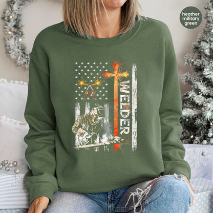 Patriotic Welder American Flag & Cross DTF Transfer, Ready To Press Rustic Americana Iron-On for Tradesmen's Apparel