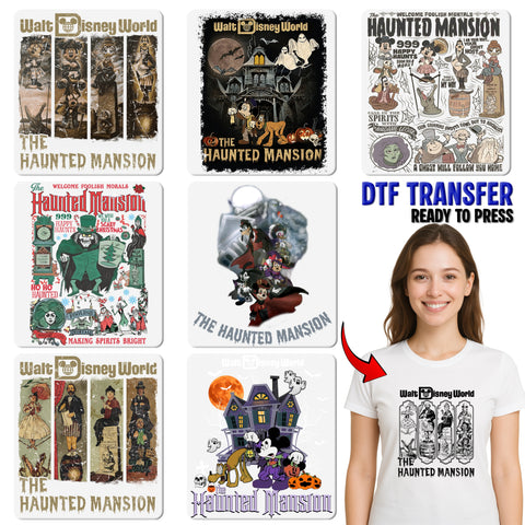 Halloween Haunted Mansion DTF Transfer for Spooky Ghost & Gothic Art T-Shirts - Ready to Press Apparel for Disney Fans