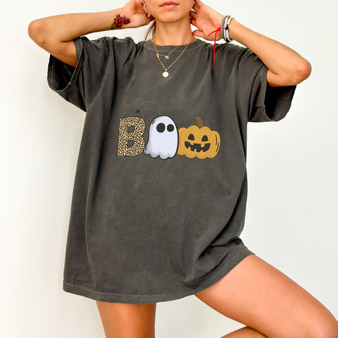 Cute Halloween Boo DTF Transfer with Leopard Print & Ghost - Ready To Press DTF for Seasonal T-shirt or Sweatshirt