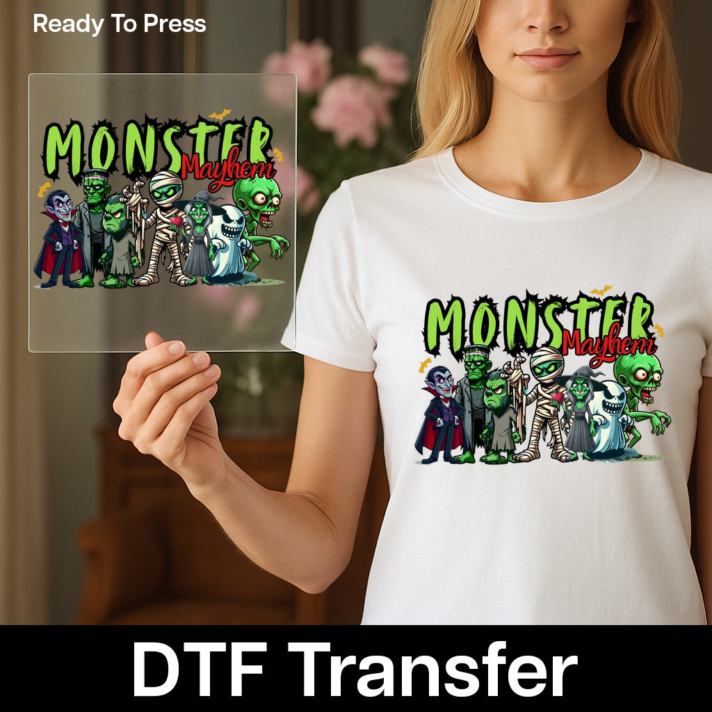 Funny Halloween Monster Mayhem DTF Transfer for Kids & Adults T-shirt, Cartoon Iron-On Ready To Press Halloween Apparel