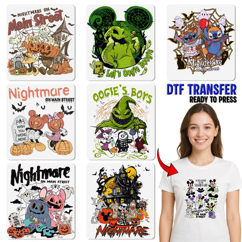 Cute Halloween DTF Transfer for Halloween Family Shirt - Funny Iron-On Design with Theme Park Characters & Halloween Costumes