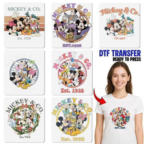 Iron-On Retro Group Celebration DTF Transfer for Disney Friends & Nostalgic Cartoon T-Shirt Apparel