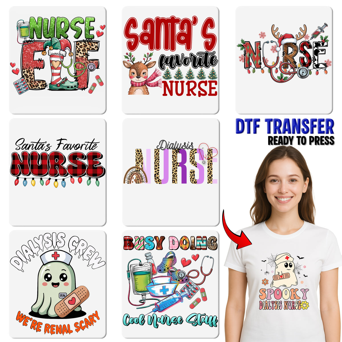Retro Holiday Nurse DTF Transfer Cute Buffalo Plaid & Lights Ready To Press Christmas for Nursing T-shirt Apparel