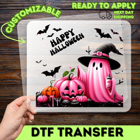 Cute Retro Pink Halloween DTF Transfer for Ghost Spraying T-Shirt & Sweatshirt, Fun Party Apparel, Iron-On for Festive Groups