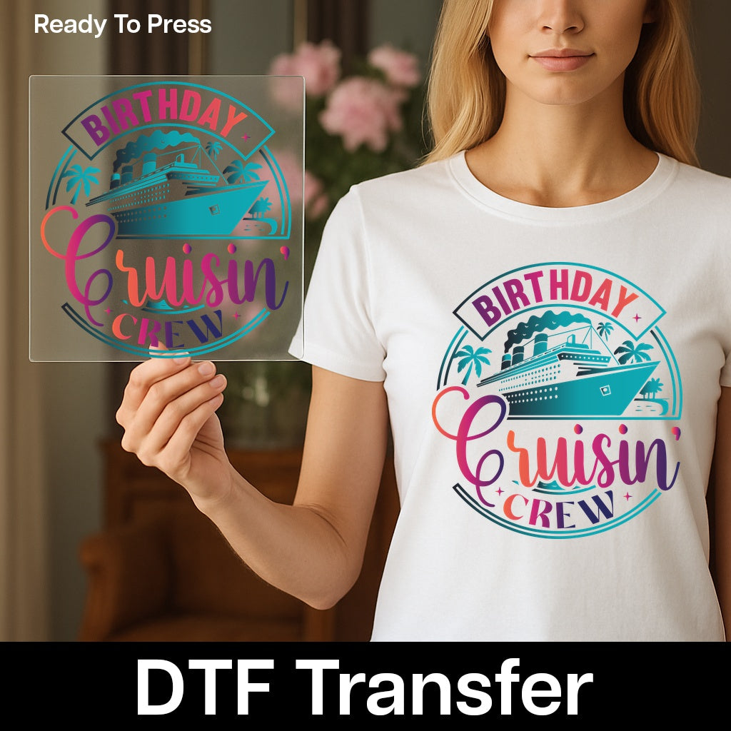 Birthday Cruise Celebration Retro Tropical DTF Transfer, Ready To Press Iron-On for Shirts, Birthday Cruisin' Crew T-Shirt Design