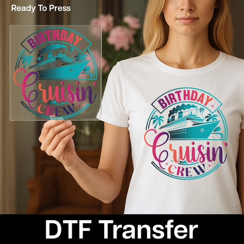 Birthday Cruise Celebration Retro Tropical DTF Transfer, Ready To Press Iron-On for Shirts, Birthday Cruisin' Crew T-Shirt Design