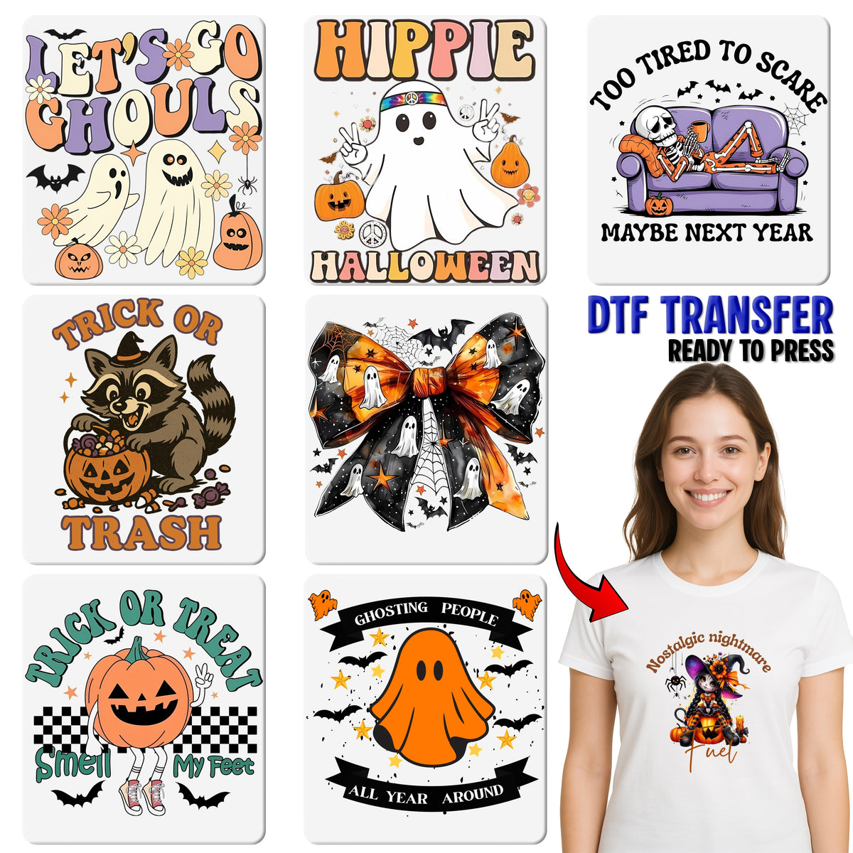 Funny Ghost Halloween Iron-On DTF Transfer, Ready To Press Boo Sheet Shirt Apparel for Teens & Adults