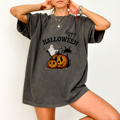 Cute Halloween Jack-o'-lantern Ghost & Black Cat DTF Transfer Ready To Press for Family Shirts