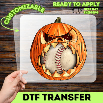 Cute Halloween Pumpkin Baseball DTF Transfer Ready To Press Iron-On for Funny Sports Enthusiast Shirt