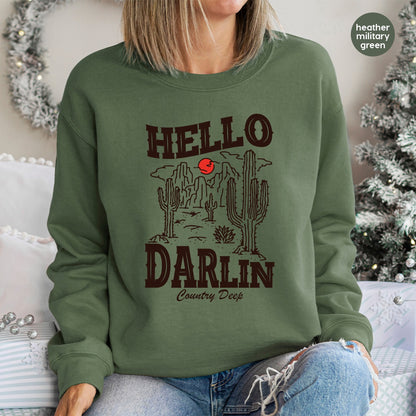 Rustic Western Hello Darlin DTF Transfer for Funny Country Music Apparel & Cowboy Festival Wear