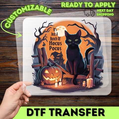 Funny Halloween Black Cat & Pumpkin DTF Transfer Iron-On for Cute Party T-Shirt, Ready to Press Hocus Pocus Theme Apparel