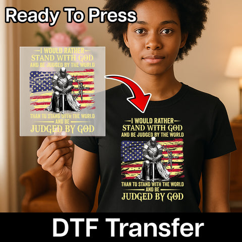 Patriotic Medieval Knight DTF Transfer for Religious Christian Apparel, Bold Iron-On Faith Quote Shirt