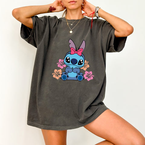 Cute Cartoon Bunny with Tropical Flowers DTF Transfer, Ready To Press Cute Holiday Shirt, Kids' Cute Character Apparel, Summer Family Vacation Wear