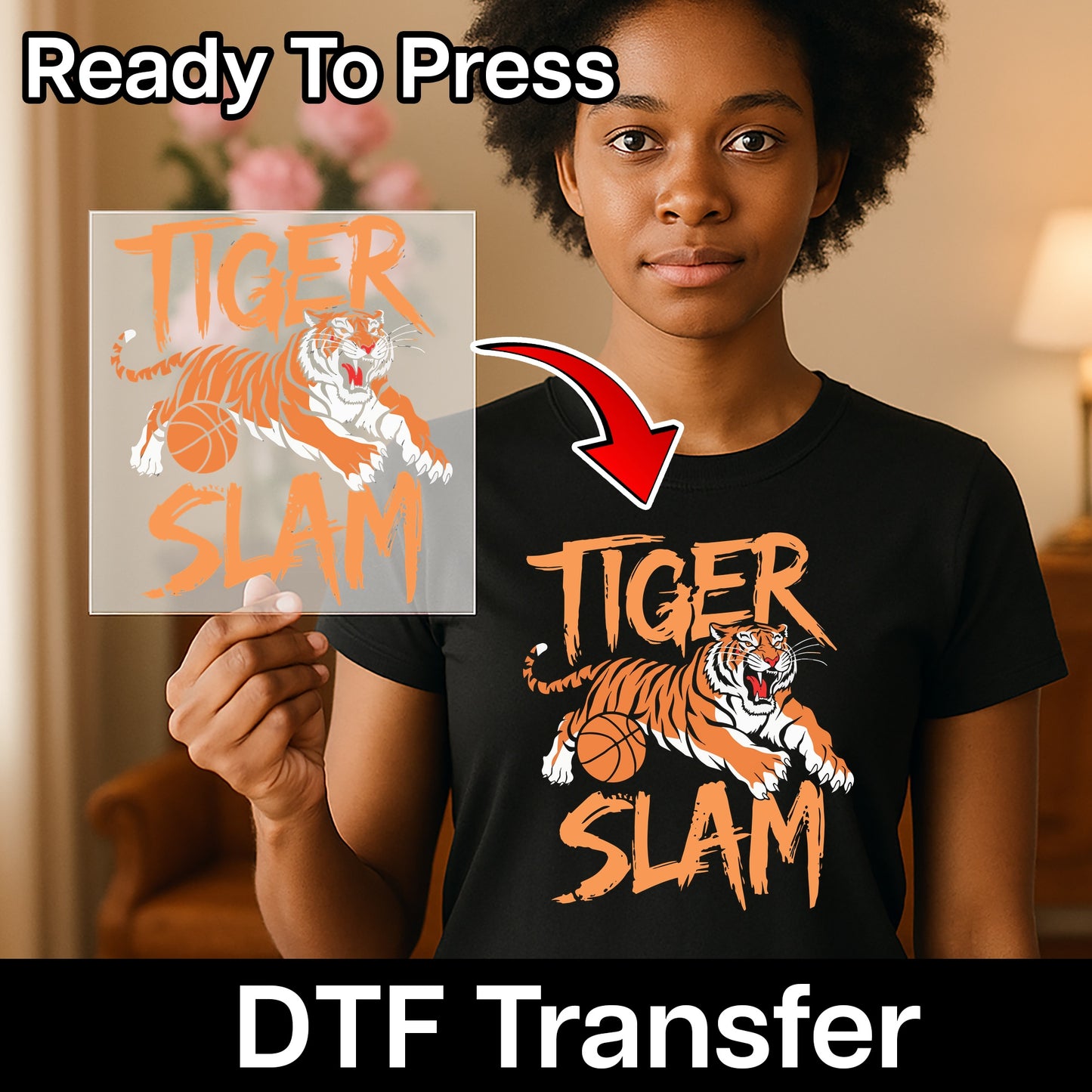 Tiger Slam Sports Team DTF Transfer - Bold Iron-On for School Spirit Apparel, Ready To Press Graphic for Basketball Enthusiasts & Fans