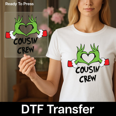 Grinch Cousin Crew Christmas DTF Transfer, Holiday Cute Iron-On for Family Shirt, Funny Ready To Press Festive Apparel Tee