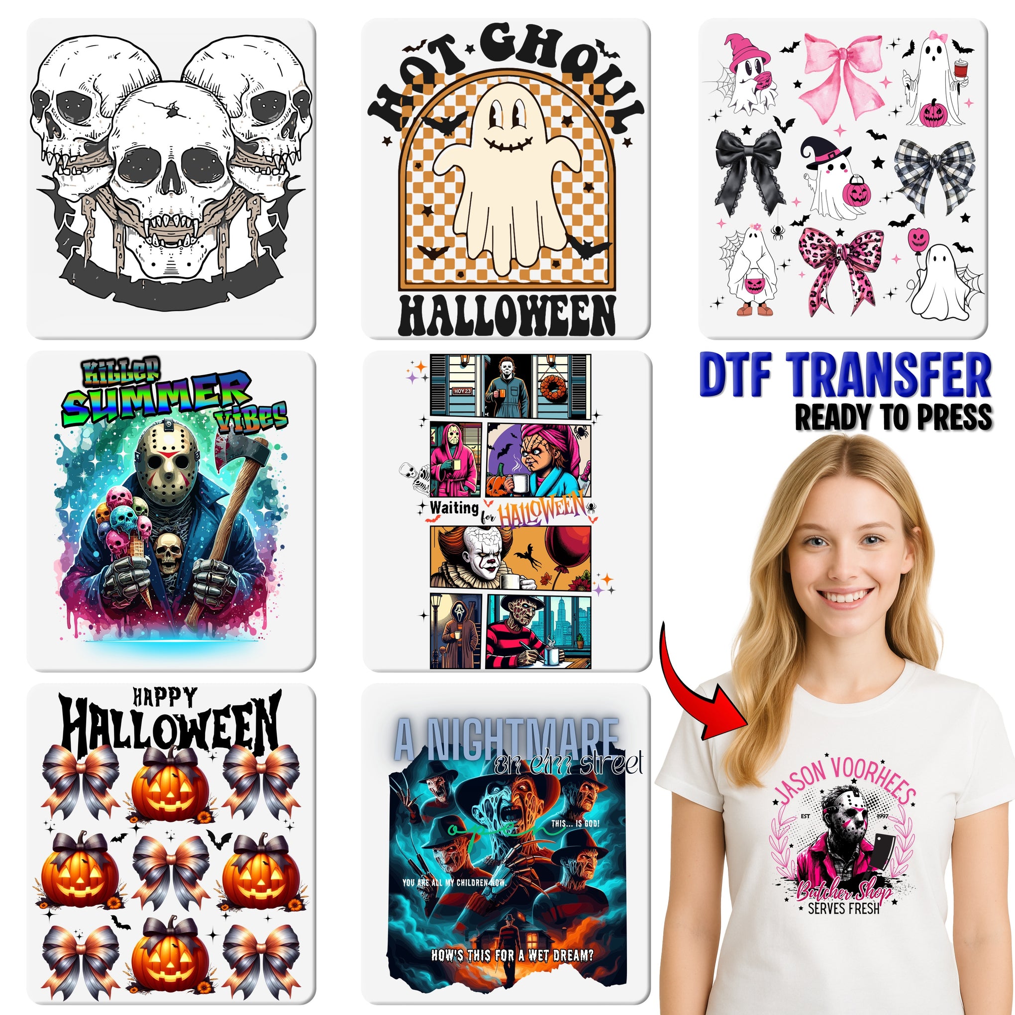 Retro Halloween Horror Movie Character DTF Transfer for Spooky T-Shirt or Sweater - Perfect for Adult Halloween Enthusiasts