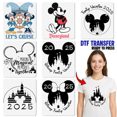 Disney-inspired 2025 Castle & Classic Bow DTF Transfer for Family Vacation T-Shirts & Hoodies