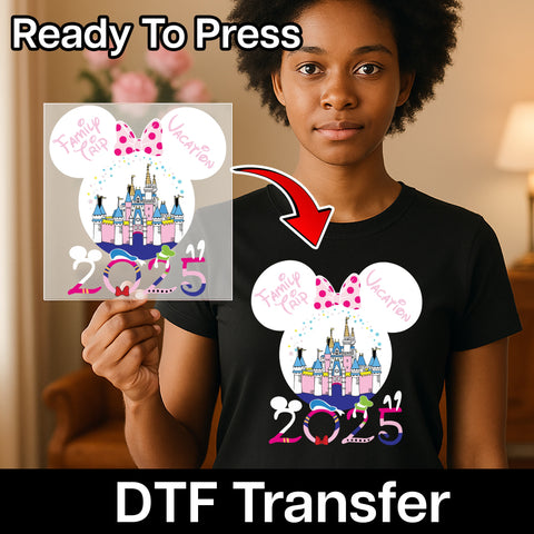 Cute Family Trip 2025 Mouse Ears & Castle DTF Transfer for Theme Park Vacation T-Shirt Iron-On Ready To Press