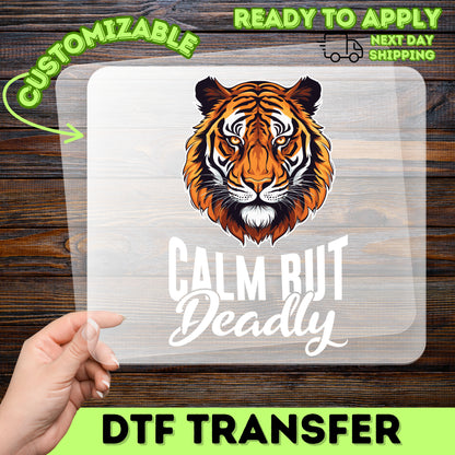 Iron-On Calm But Deadly Tiger DTF Transfer for Bold Animal Motif T-Shirt & Apparel, Sports Team Graphic, Wildlife Gift