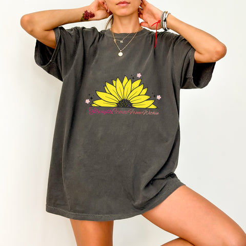 Motivational Sunflower DTF Transfer "Strength Comes From Within" | Ready To Press Inspirational Floral T-shirt for Flower Lovers
