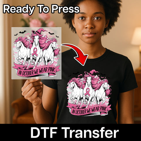 Halloween Breast Cancer Awareness Gothic Whimsical Pink Iron-On DTF Transfer for Women T-Shirt & Sweatshirt