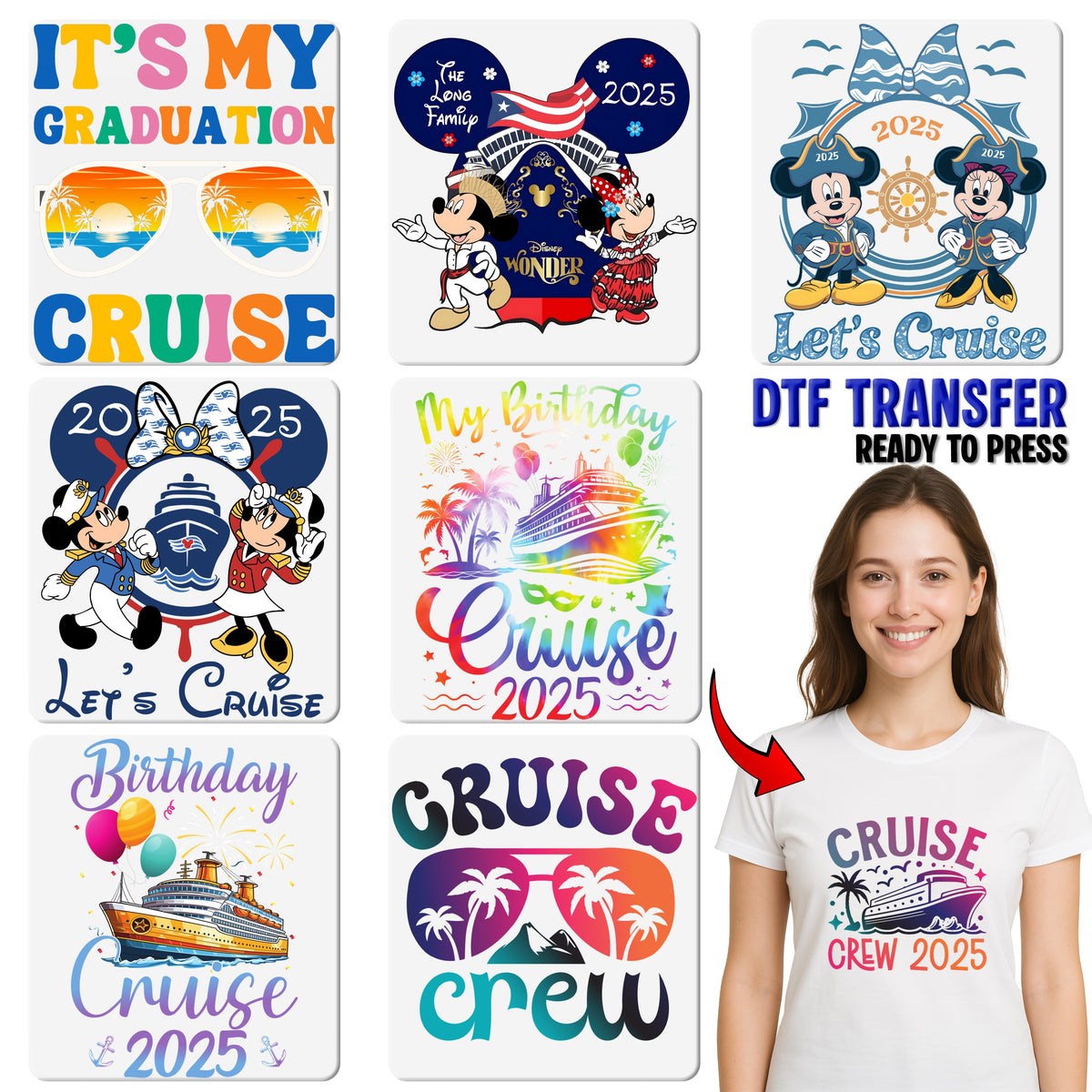 Birthday Cruise Celebration Retro Tropical DTF Transfer, Ready To Press Iron-On for Shirts, Birthday Cruisin' Crew T-Shirt Design