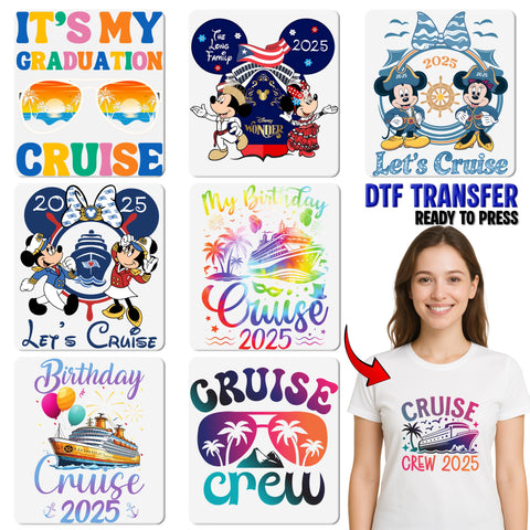 Birthday Cruise Celebration Retro Tropical DTF Transfer, Ready To Press Iron-On for Shirts, Birthday Cruisin' Crew T-Shirt Design