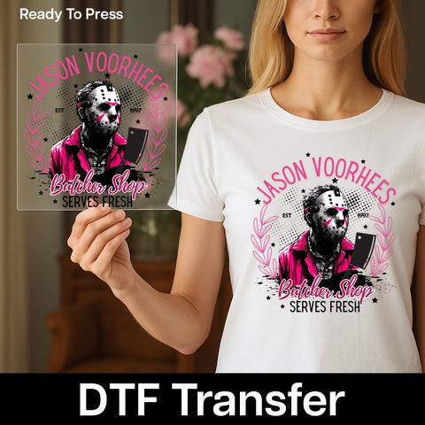 Iron On Funny Halloween Jason Voorhees Butcher Shop DTF Transfer for Horror Fans Shirt & Sweatshirt Design