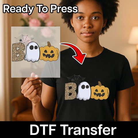 Cute Halloween Boo DTF Transfer with Leopard Print & Ghost - Ready To Press DTF for Seasonal T-shirt or Sweatshirt