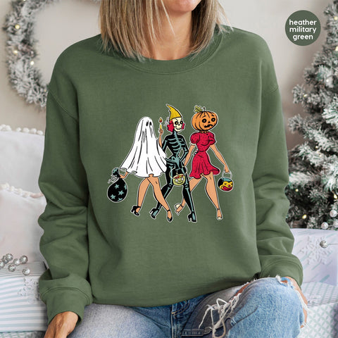Cute Halloween Trio Ready To Press DTF Transfer for Women T-Shirt Ghost Skeleton Pumpkin