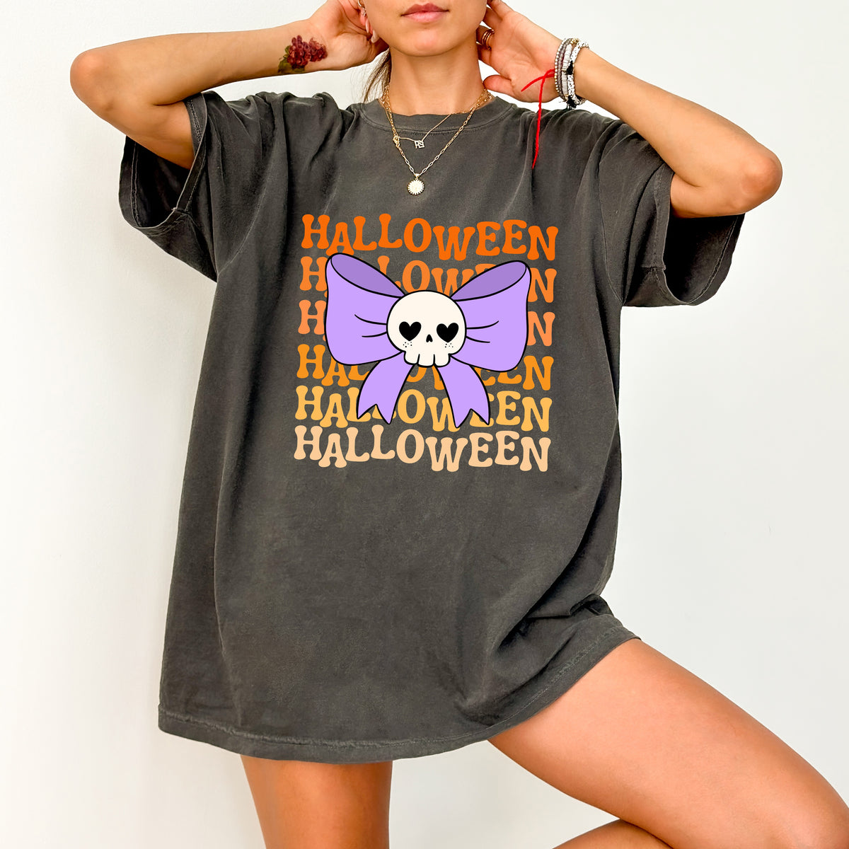 Cute Halloween Skull with Heart Eyes & Bow DTF Transfer Ready to Press for Women T-Shirt or Party Apparel