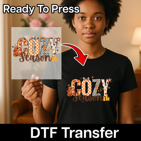 Cute Cozy Fall Halloween Pumpkin Spice DTF Transfer for Women T-Shirt & Sweatshirt | Ready to Press Iron-On Seasonal Apparel