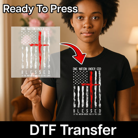 Christian Patriotic DTF Transfer for Shirts - One Nation Under God Religious Faith American Flag Iron-On - Ready To Press for Fourth of July