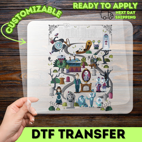 Haunted Mansion Adventure Halloween DTF Transfer Cute Spooky Iron-On for Costume Group Disney Fans Shirts & Apparel