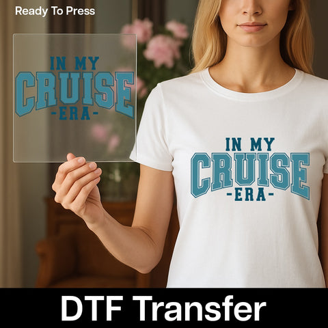 In My Cruise Era retro collegiate DTF transfer for fun group vacation t-shirt, ready to press iron-on cruise vibes apparel