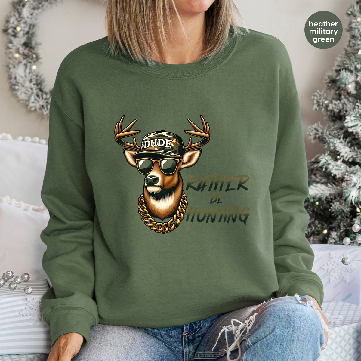 Funny Deer with Camo Hat & Gold Chain DTF Transfer - Hunting Themed Iron-On for Outdoor Enthusiasts Apparel
