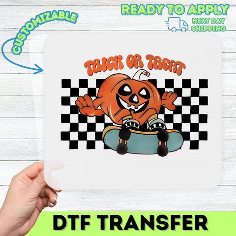 Playful Halloween Pumpkin DTF Transfer - Trick or Treat Skateboarding Design for Fun Apparel