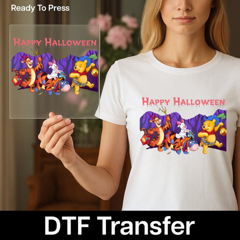 Cute Halloween Characters DTF Transfer, Ready To Press Trick-or-Treat Design for Family Shirts, Nostalgic Iron-On Apparel