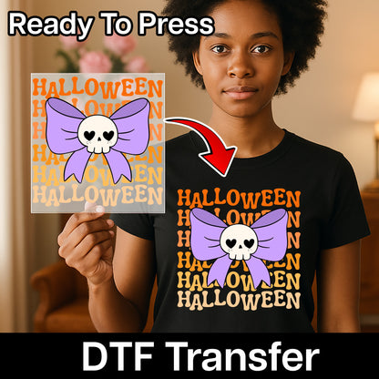 Cute Halloween Skull with Heart Eyes & Bow DTF Transfer Ready to Press for Women T-Shirt or Party Apparel