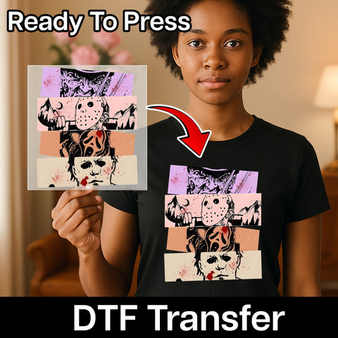 Halloween Horror Icons DTF Transfer for Spooky T-Shirts & Sweatshirts - Retro Scary Movie Iron-On for Enthusiasts & Party-goers