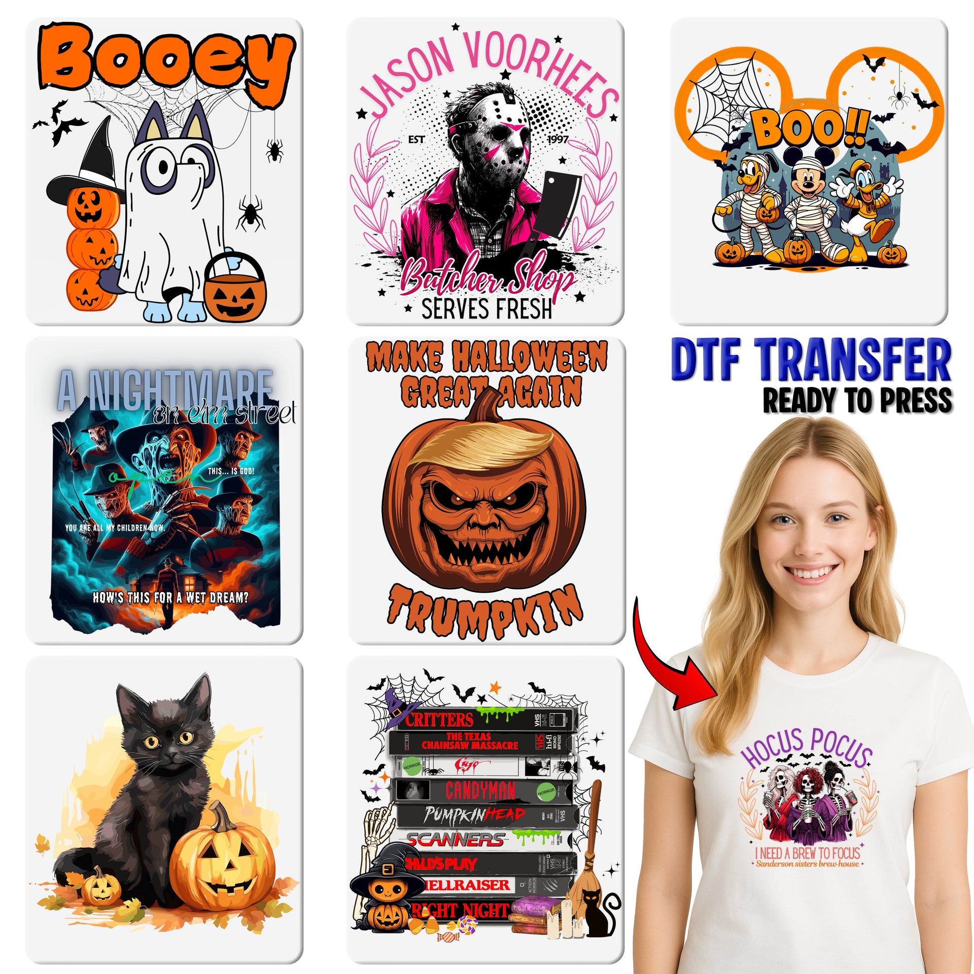 Cute Horror Halloween DTF Transfer Funny Iron-On for Coffee Lovers & Horror Fans Apparel