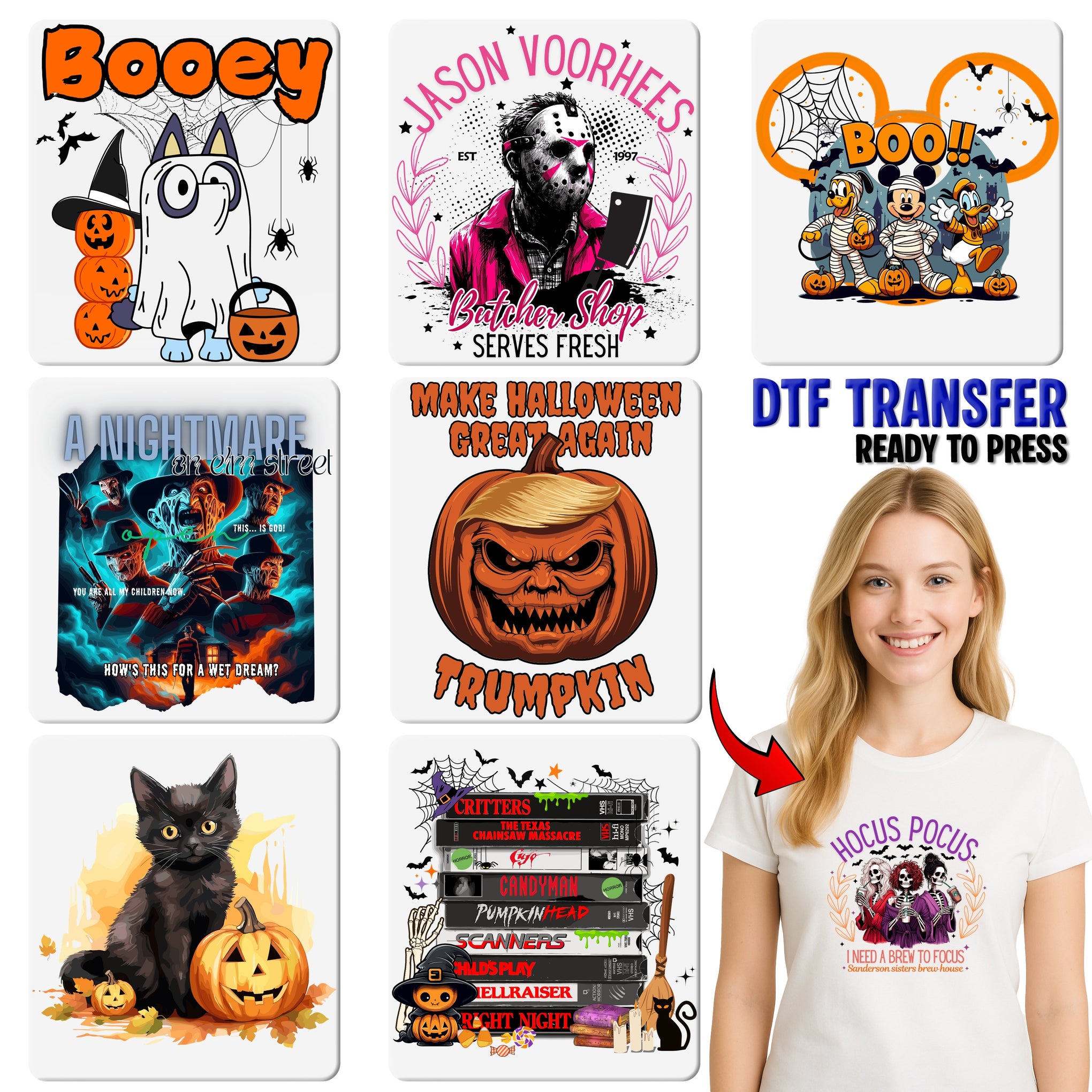Cute Horror Halloween DTF Transfer Funny Iron-On for Coffee Lovers & Horror Fans Apparel