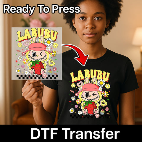 Cute Cartoon Rabbit Holding Strawberry DTF Transfer, Fun Group Birthday Shirt Iron-On, Kawaii Anime Character Ready To Press, Food-Themed Apparel